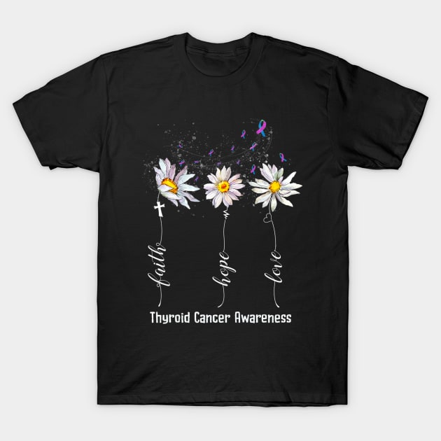 Faith Hope Love Thyroid Cancer Awareness Flowers T-Shirt by eldridgejacqueline